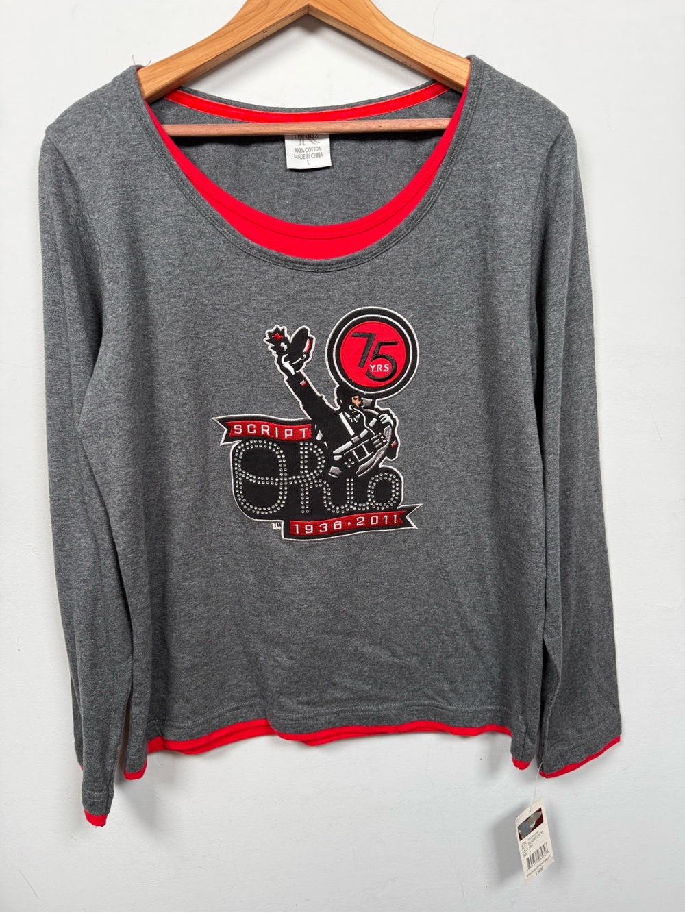 Ohio State Buckeyes Script Ohio 75th Anniversary Long Sleeve  Gray/Red Sz L NWT